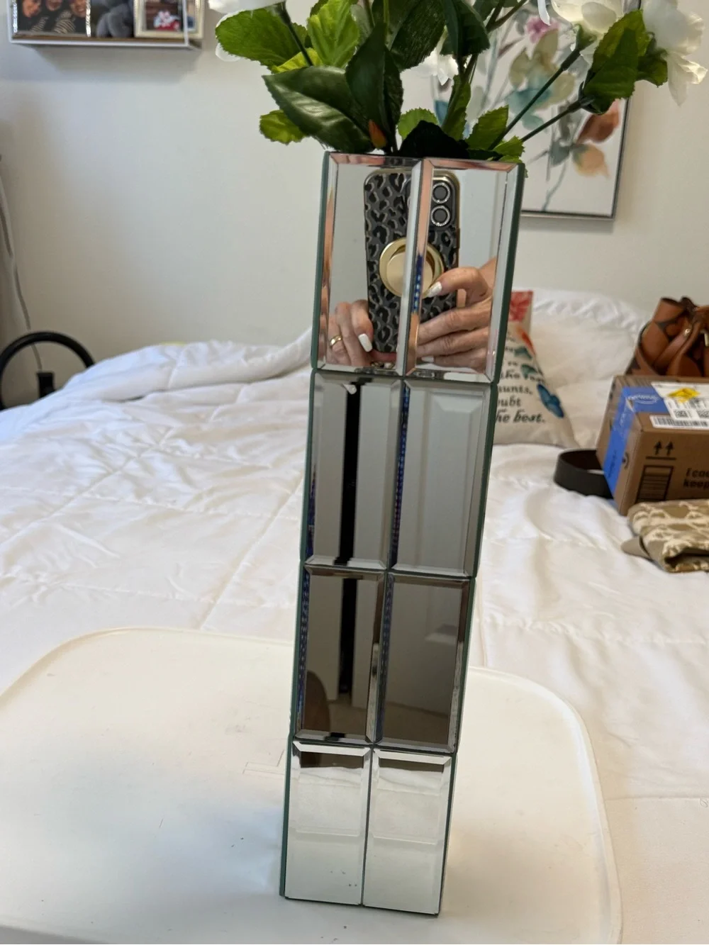 Tall Mirrored Glass Column Vase  15” geometric floral decor silver